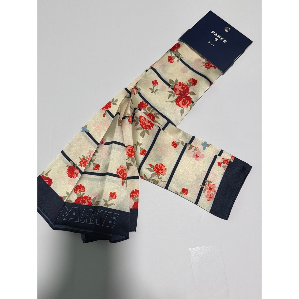 Parke Floral Rose Striped Square Scarf Cream Navy Blue Red Silk Feel Accessory